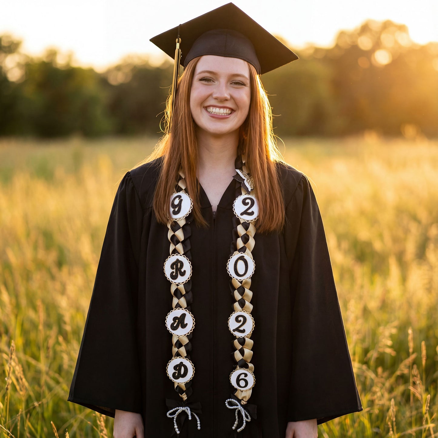2026 Black & Gold Satin Graduation Lei | Handcrafted Senior Keepsake