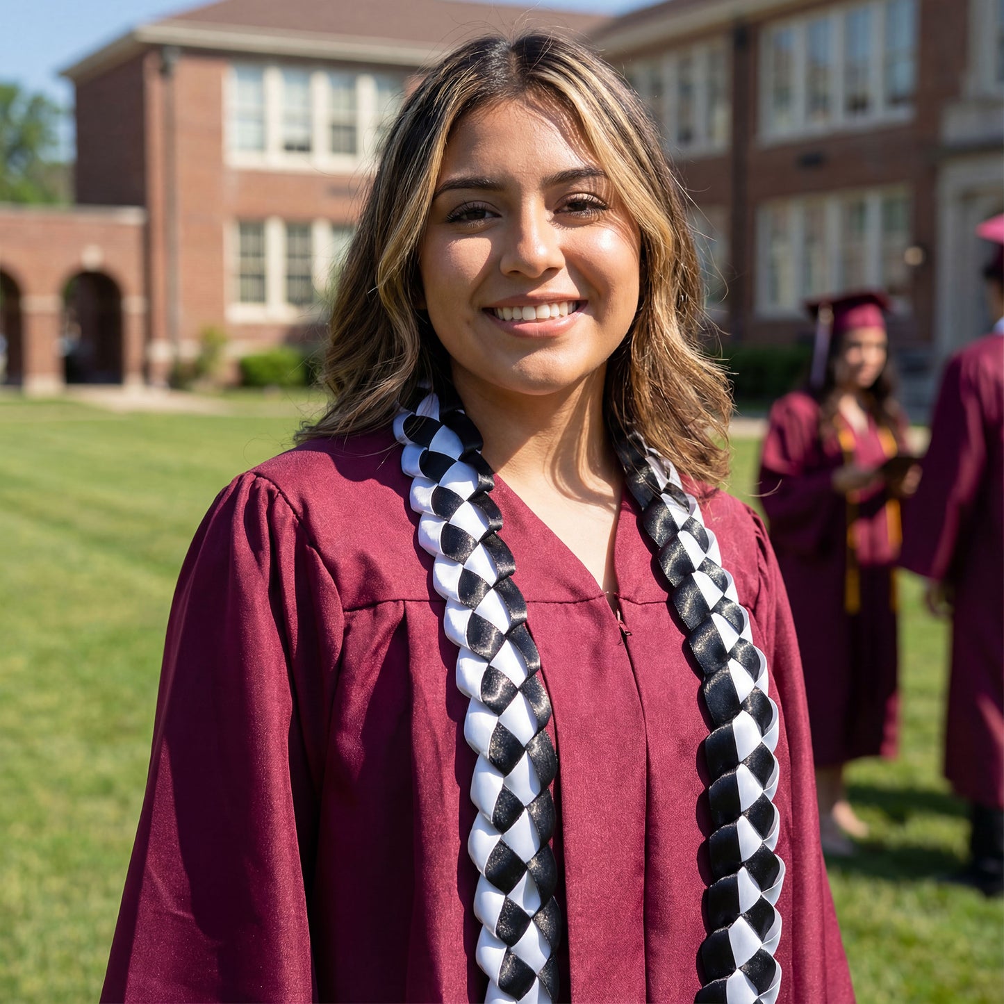 Smiling female high school graduate in a maroon gown wearing a handcrafted black and white single military braid satin ribbon lei on campus.