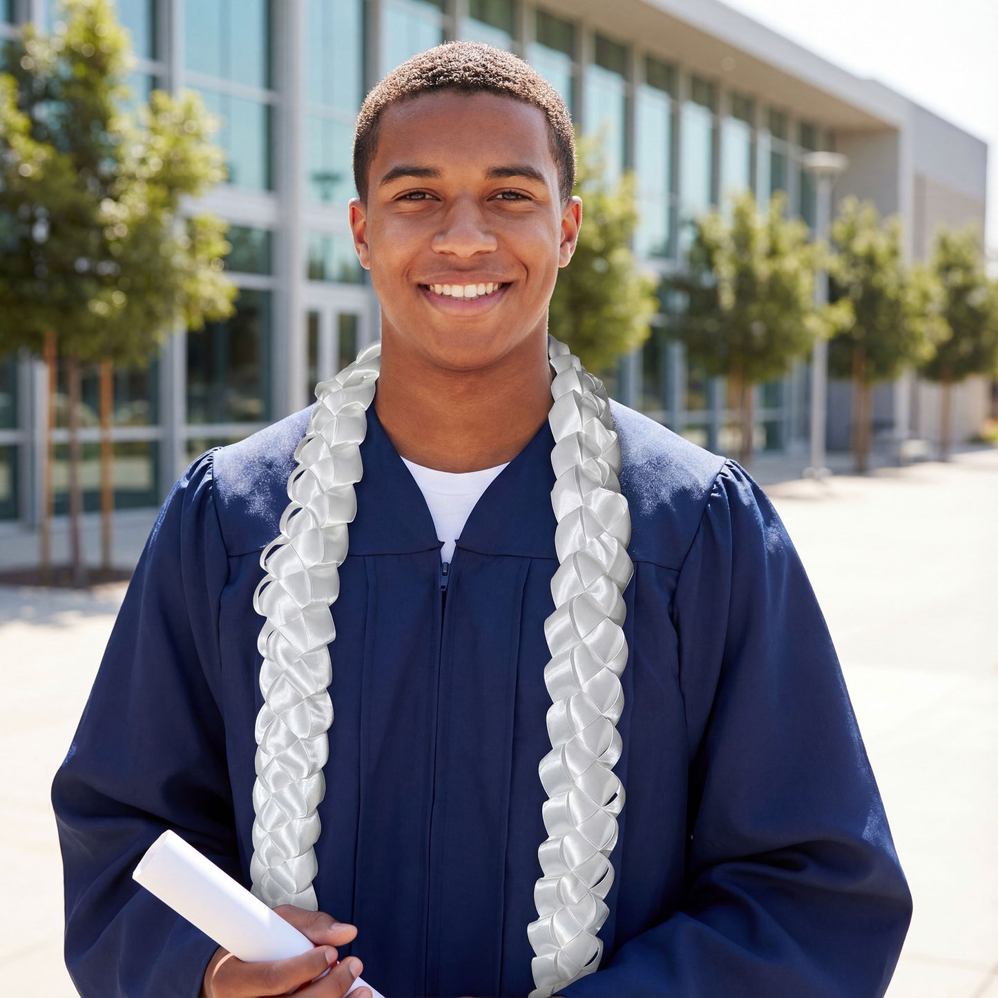 Male high school graduate smiling in a navy blue gown, wearing a handcrafted solid white single military braid satin ribbon lei.