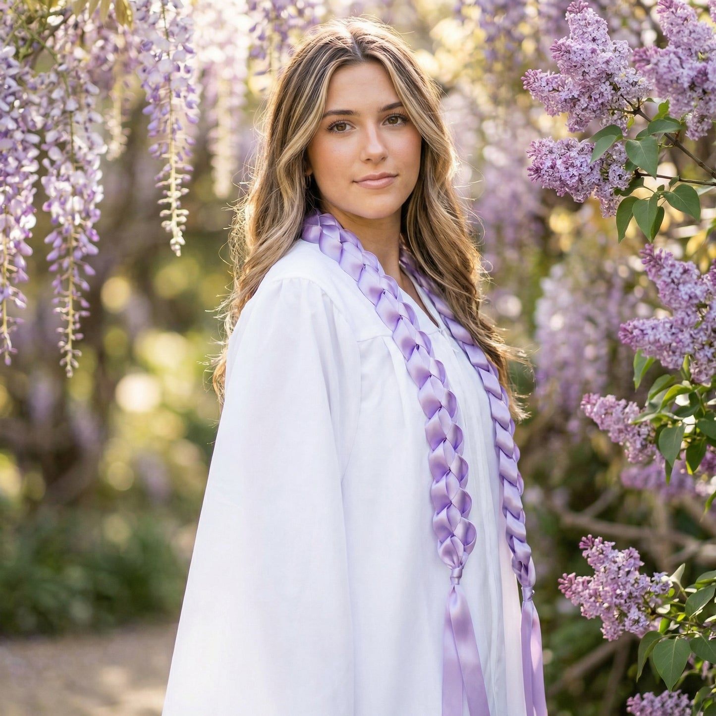 Female graduate wearing a white graduation gown and a solid lavender single military braid satin ribbon lei, standing amongst purple spring flowers.