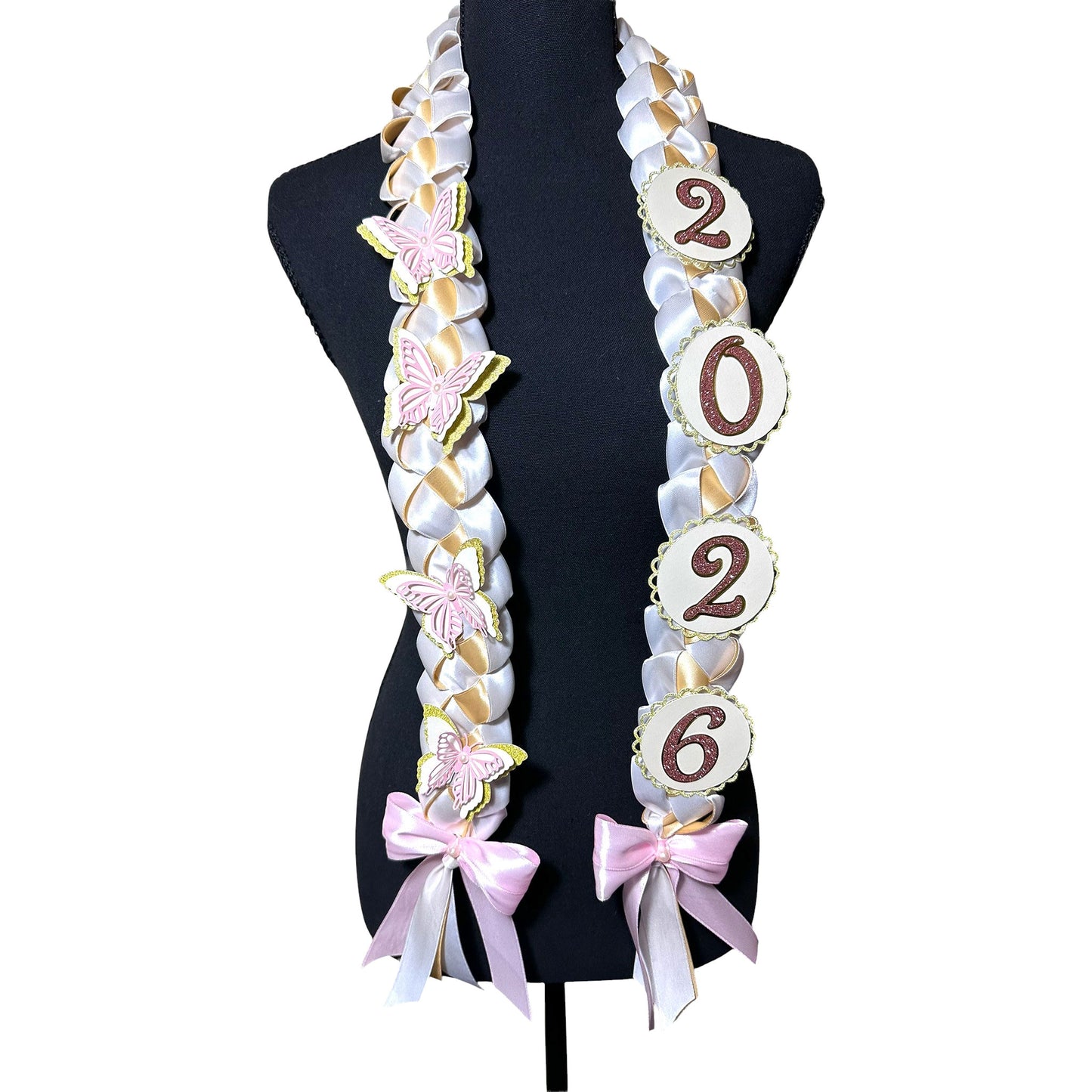 2026 White & Gold "Butterfly" Graduation Lei | Pink Accent Keepsake
