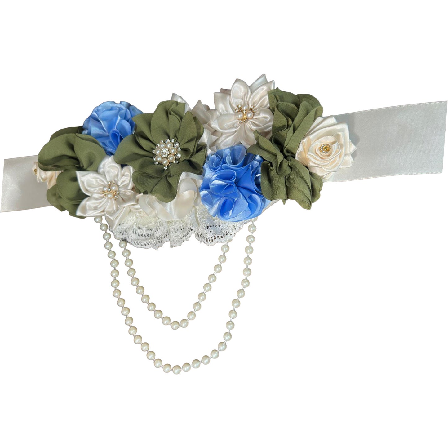 Close-up of a dusty green and blue maternity sash floral cluster with double-strand faux pearl accents and felt backing.