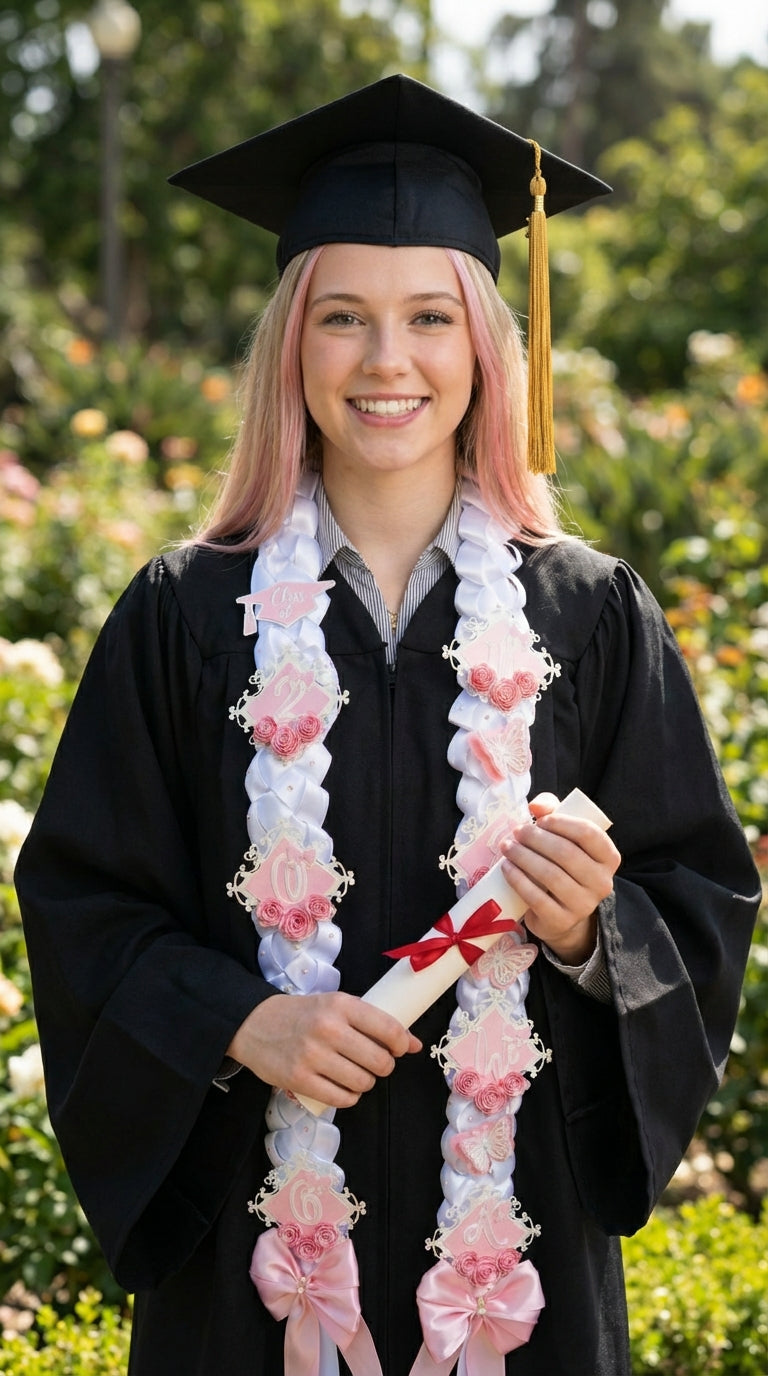 A smiling female graduate with pink-streaked hair wearing a black graduation cap and gown, adorned with the custom White & Pink Butterfly Graduation Lei, holding a diploma with a red ribbon in a rose garden.