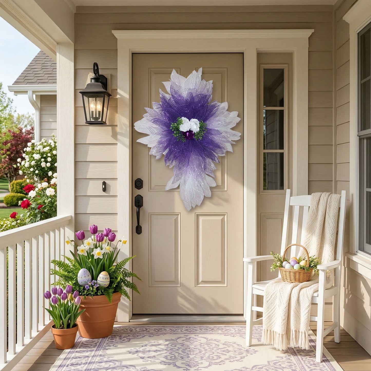 32-inch purple and white cross wreath on a beige front door with Easter porch decor, tulips, and spring greenery.