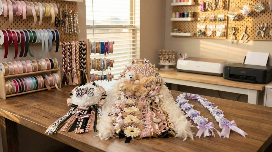 Handcrafted senior triple homecoming mum and ribbon graduation lei in a professional Texas studio with maker supplies.