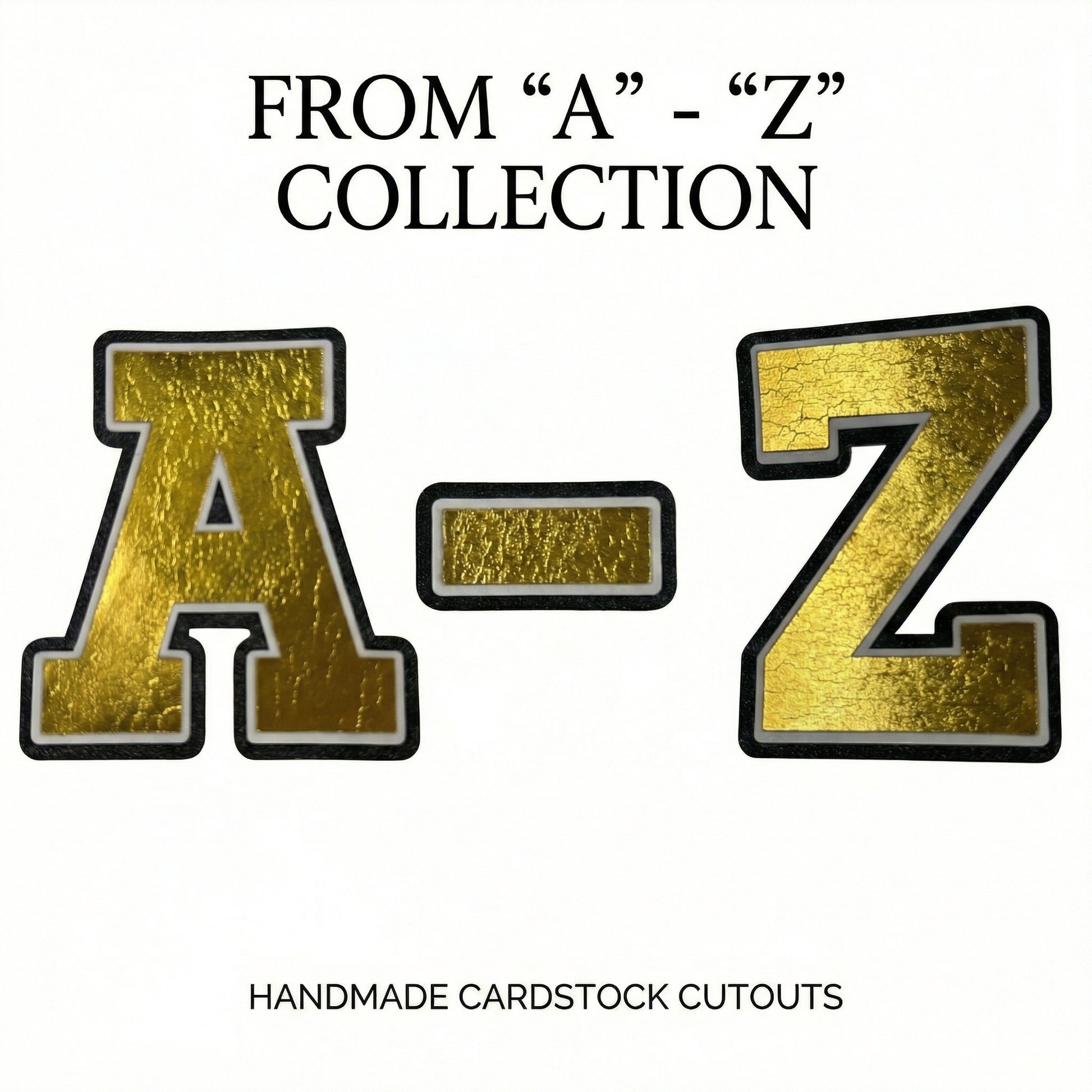 Black white and gold foil layered cardstock letter A - Z cutout in varsity font for homecoming mums and graduation leis.