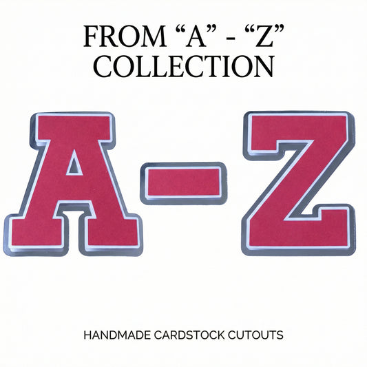 Red, white, and silver foil layered cardstock letters A through Z in a varsity font, part of a handmade collection for custom spirit gear.