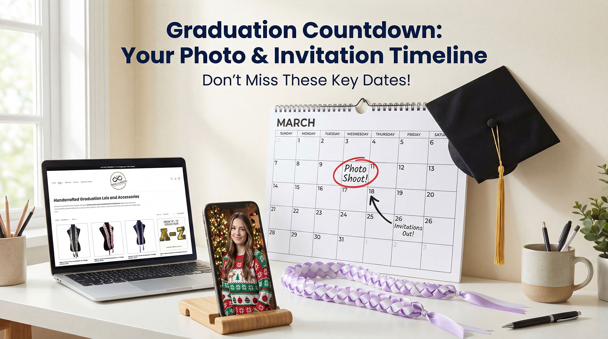 Calendar with graduation-themed items on a desk, including a graduation lei, laptop, phone, and graduation cap.