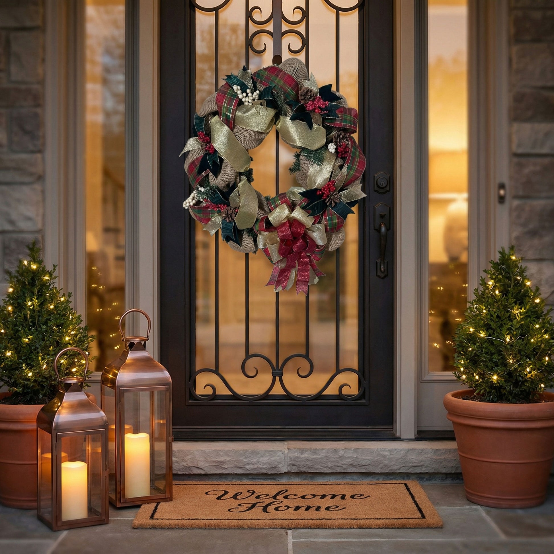 A 22-inch burlap mesh holiday wreath with traditional red plaid and gold ribbons hanging on a glass-paneled front door at dusk. The warm entryway features copper lanterns with glowing candles, lighted evergreen topiaries in terracotta pots, and a "Welcome Home" doormat.