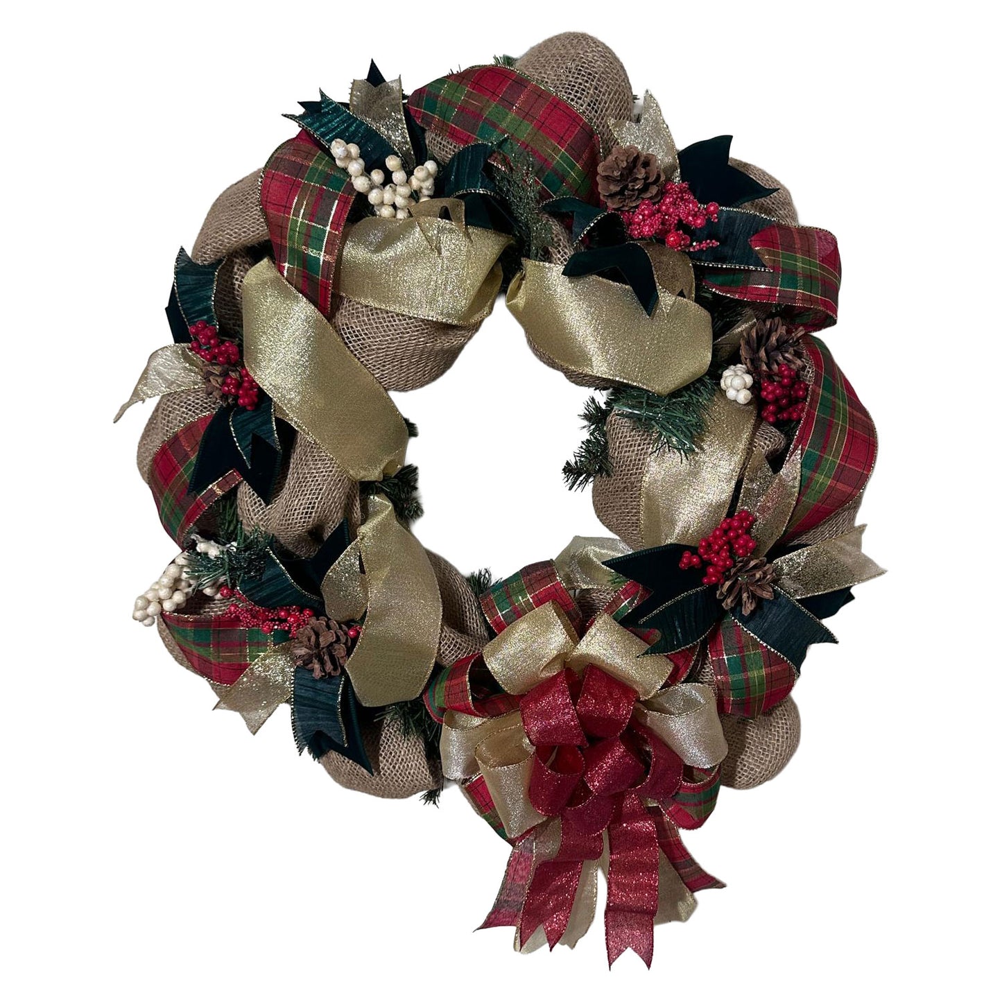 A 22-inch Christmas wreath made of natural burlap mesh, decorated with red and green plaid ribbon, gold metallic ribbon, red berries, and pinecones, featuring a large red and gold bow at the bottom.