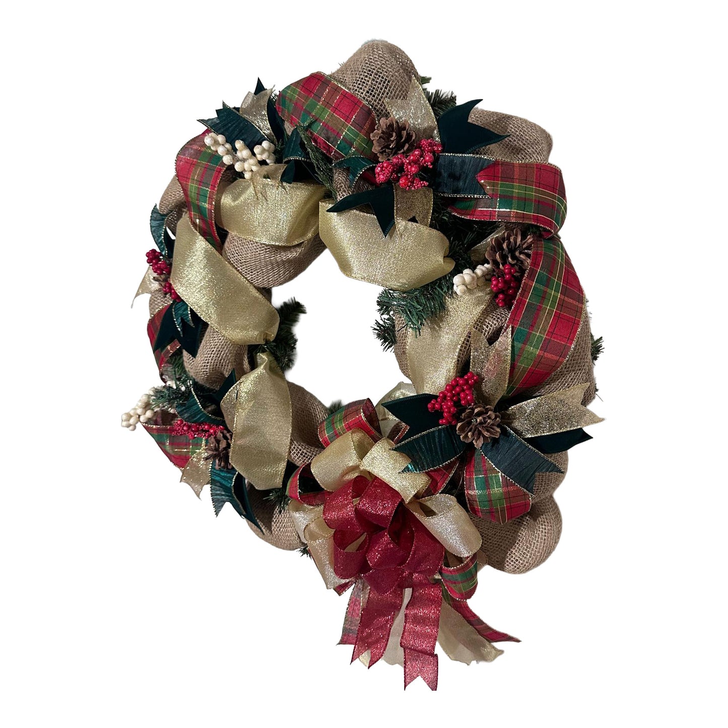 Side view of a 22-inch handcrafted holiday wreath showing the depth and layers of burlap mesh, velvet green accents, and festive plaid ribbons against a white background.