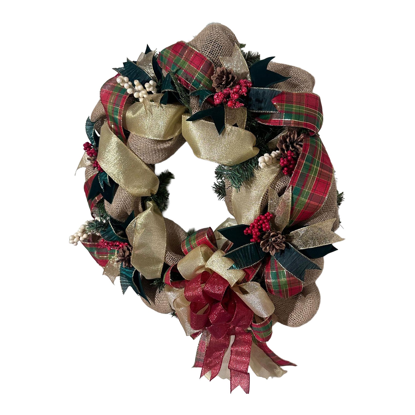 Side view of a 22-inch handcrafted holiday wreath showing the depth and layers of burlap mesh, velvet green accents, and festive plaid ribbons against a white background.