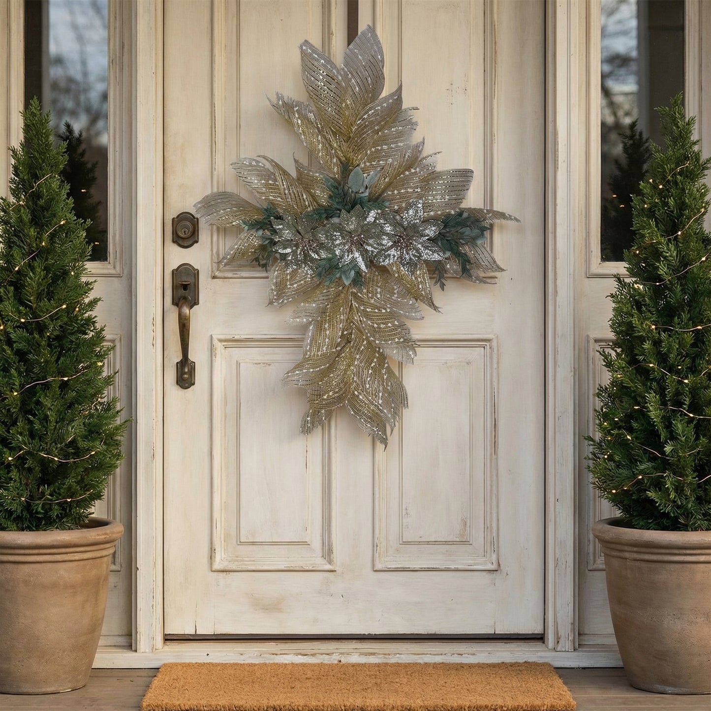 A lifestyle photograph of a glittered burlap cross wreath hanging on a distressed off-white wooden front door. The wreath features silver-glittered poinsettias and gold-striped mesh. The entryway is flanked by two tall evergreen topiary trees in rustic clay pots wrapped in warm micro-fairy lights, with a simple tan coir doormat at the base.
