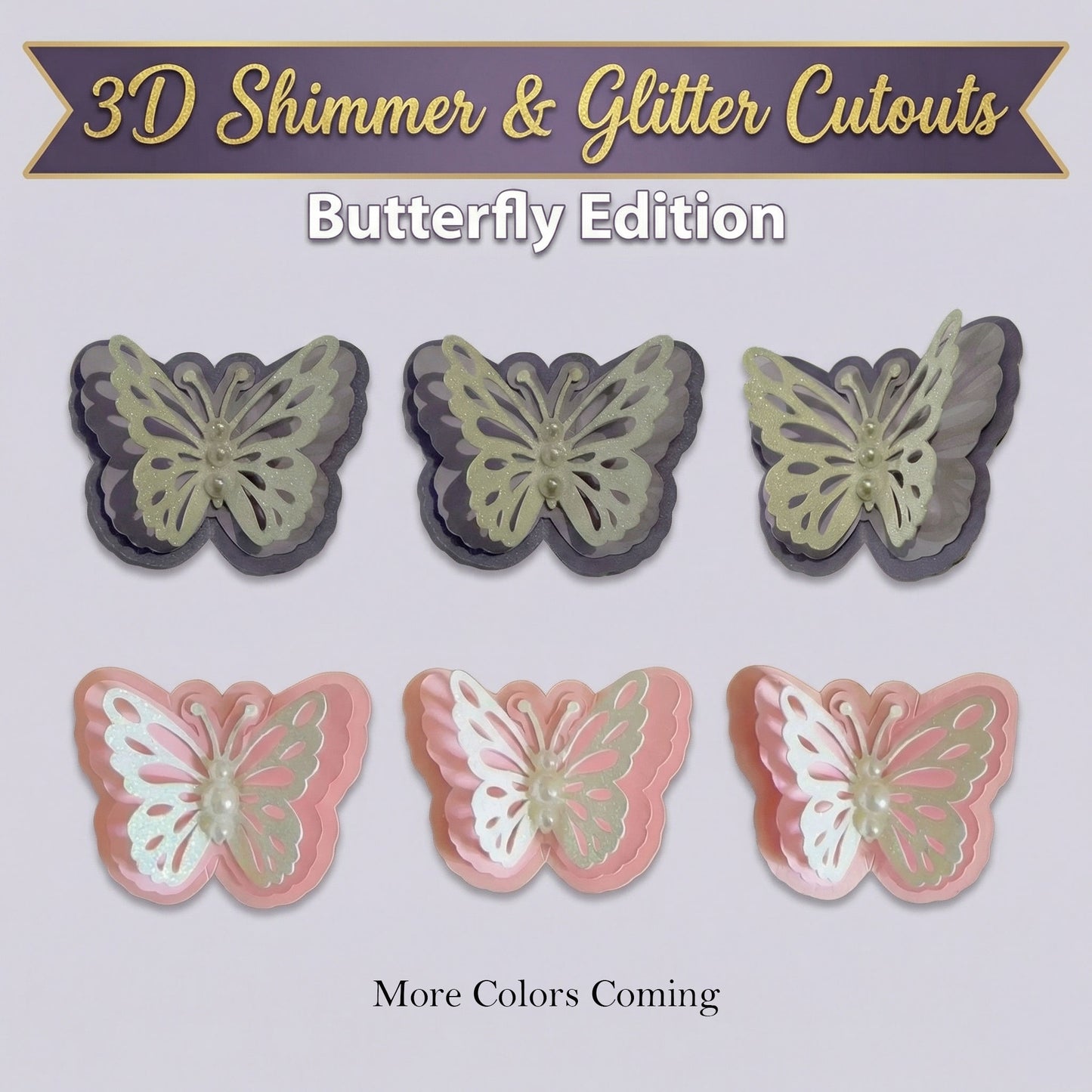 Handmade 3D Shimmer and Glitter Butterfly Spirit Cutouts in Shimmer Lavender and Shimmer Pink, featuring a triple-layer design with iridescent pearl accents. Part of the Spirit Cutouts & Accessories collection for homecoming mums and graduation leis.