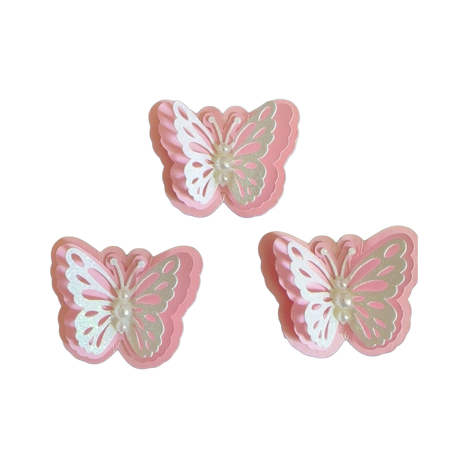 A coordinated set of three 3D Shimmer Pink and White Glitter spirit butterfly cutouts, layered for dimension and finished with pearls, perfect for graduation leis and homecoming mums.