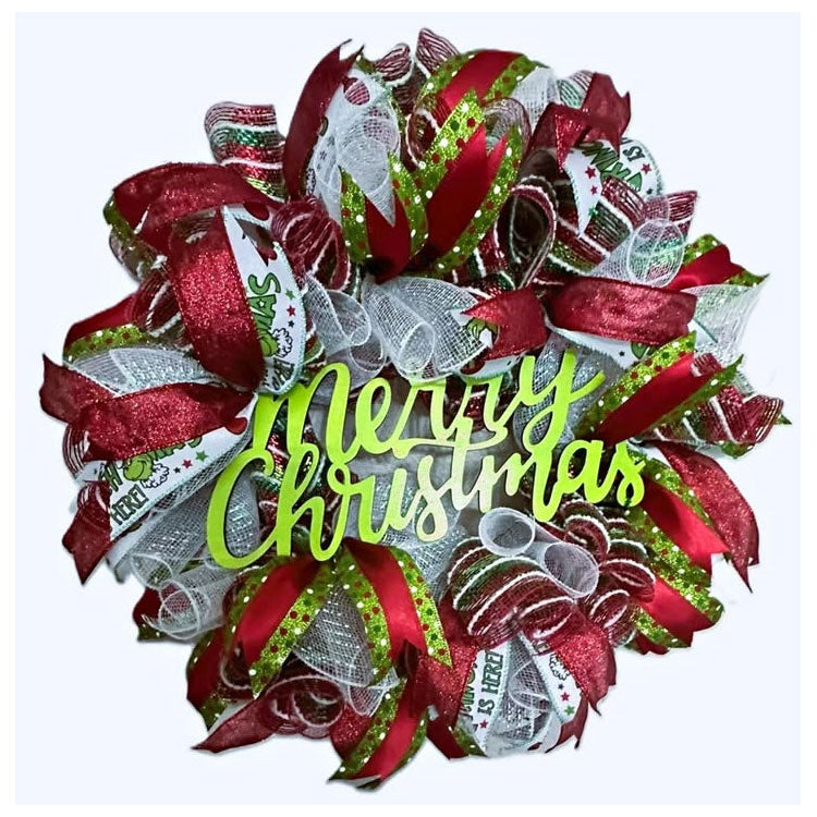 Grinch-Themed "Merry Christmas" Deco Mesh Wreath, 22 Inch