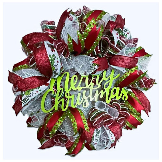 Grinch-Themed "Merry Christmas" Deco Mesh Wreath, 22 Inch