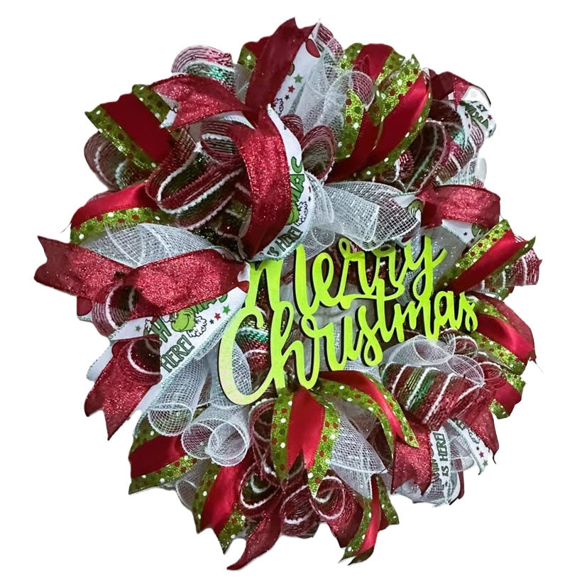 Grinch-Themed "Merry Christmas" Deco Mesh Wreath, 22 Inch