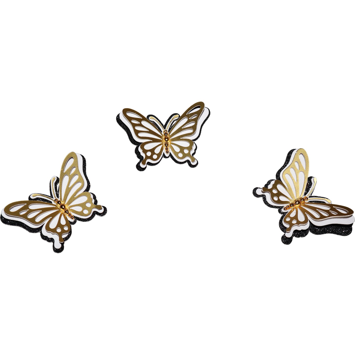 Set of three 3D butterfly cutouts in gold foil, white cardstock, and black shimmer with gold bead centers.