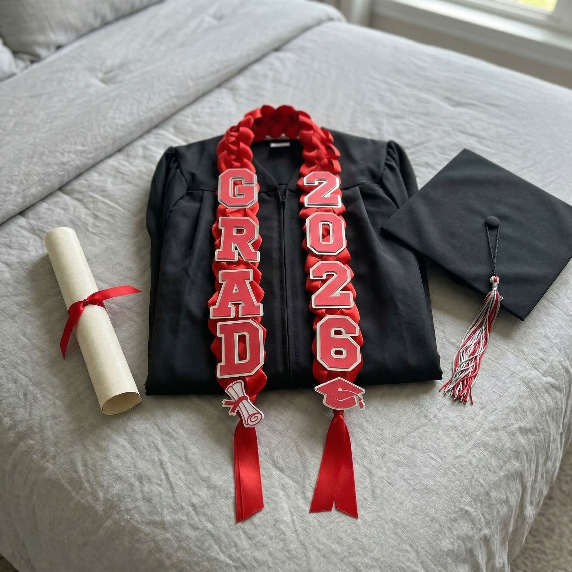 Handcrafted red and silver foil 2026 graduation lei artfully arranged on a black graduation gown. The setting includes a black mortarboard with a red and silver tassel and a rolled diploma, all resting on a grey textured bedspread in soft, natural light.