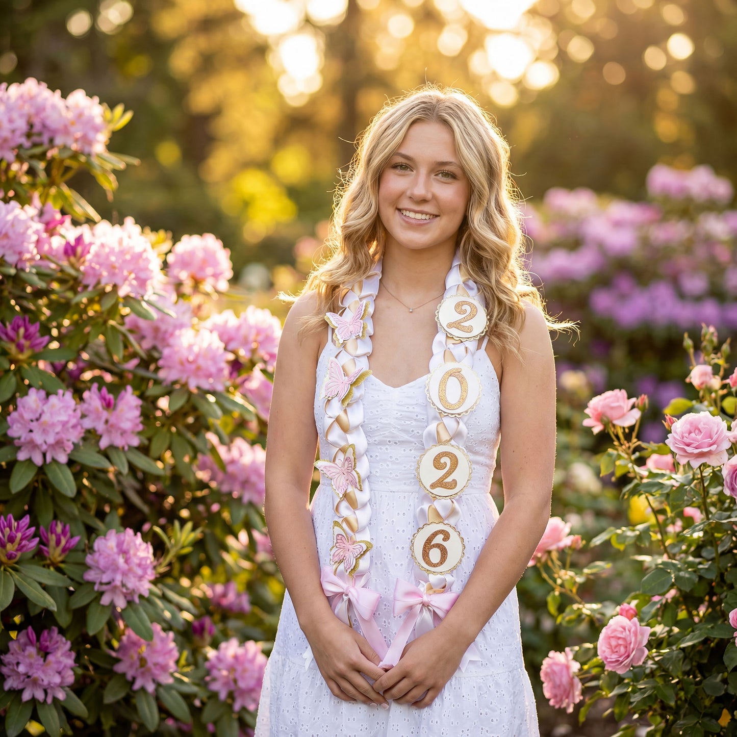 2026 White & Gold "Butterfly" Graduation Lei | Pink Accent Keepsake