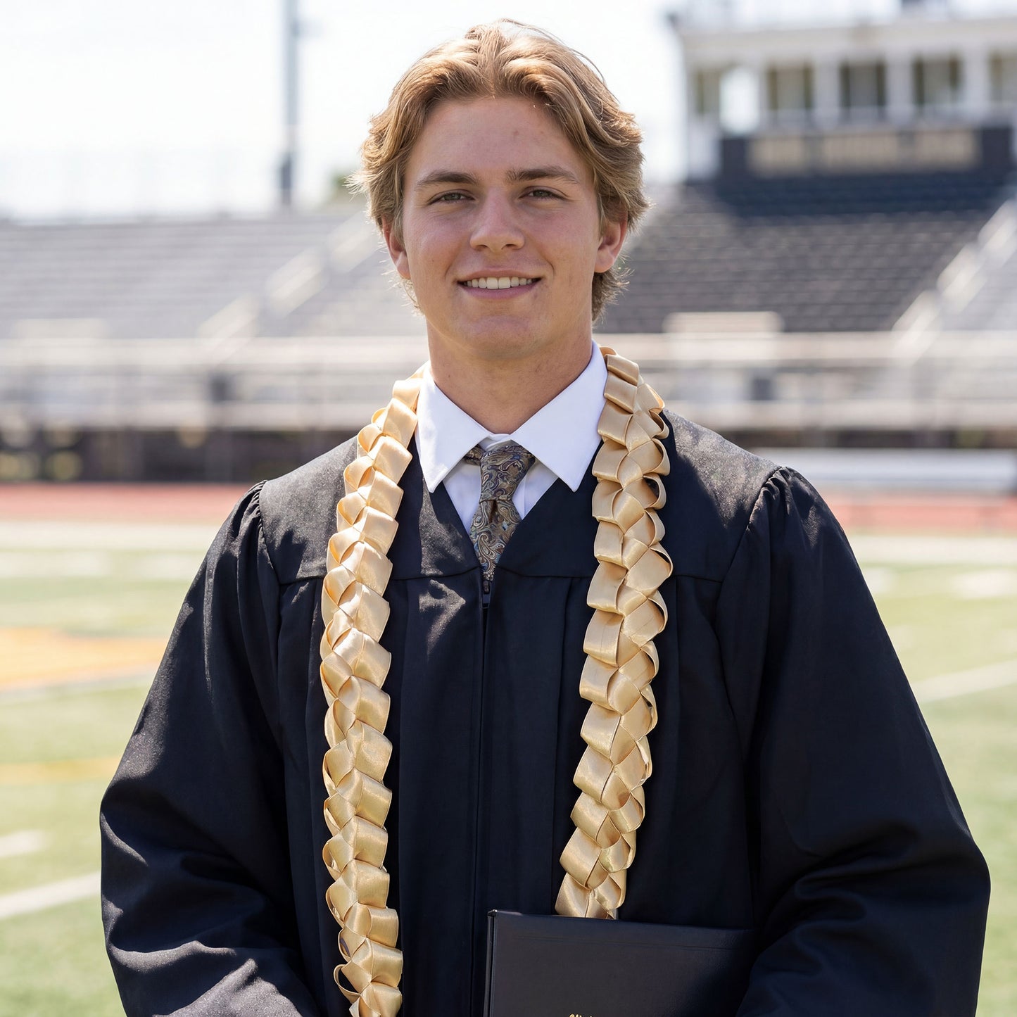 Male high school graduate wearing a solid gold military braid graduation lei on football field.