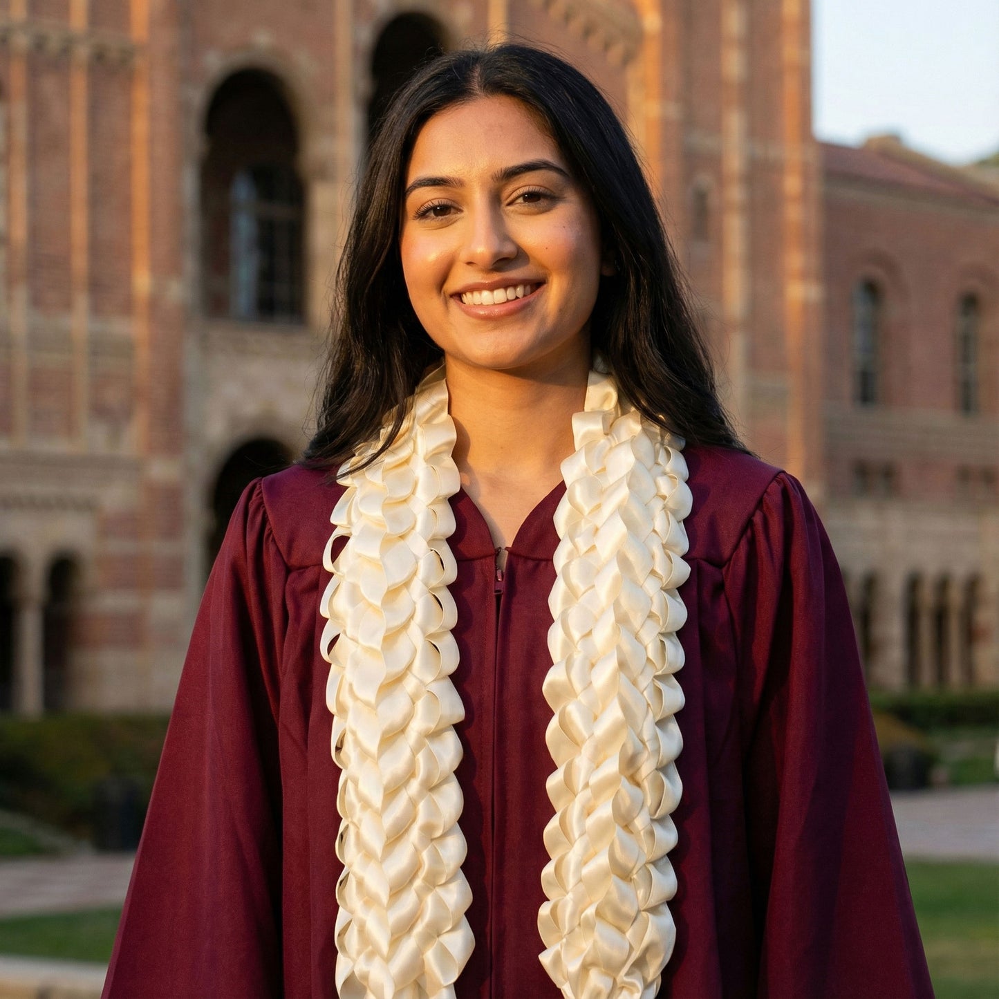 Smiling female graduate in a deep-colored gown wearing a wide, handcrafted solid ivory double military braid satin ribbon lei on a university campus.