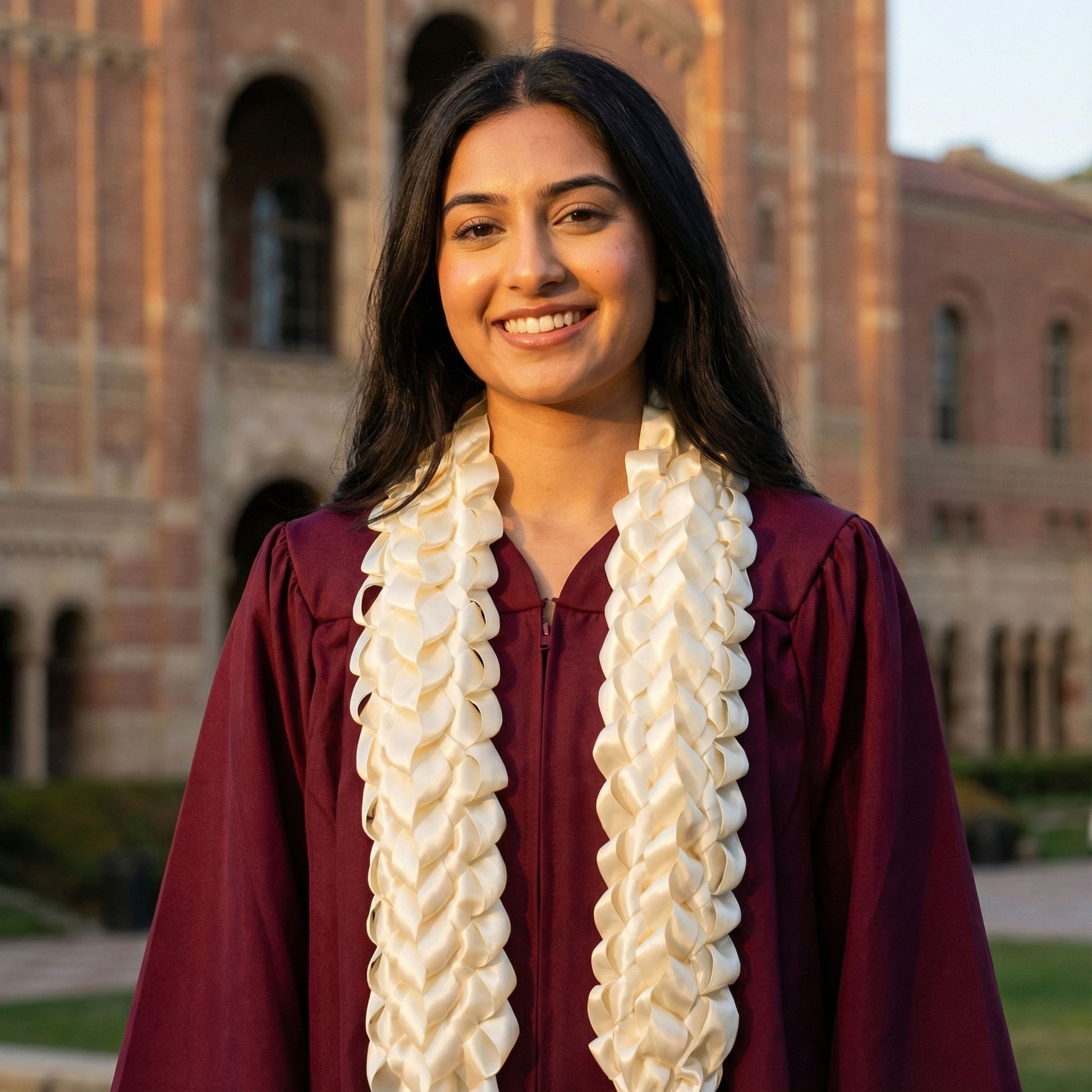 Smiling female graduate in a deep-colored gown wearing a wide, handcrafted solid ivory double military braid satin ribbon lei on a university campus.