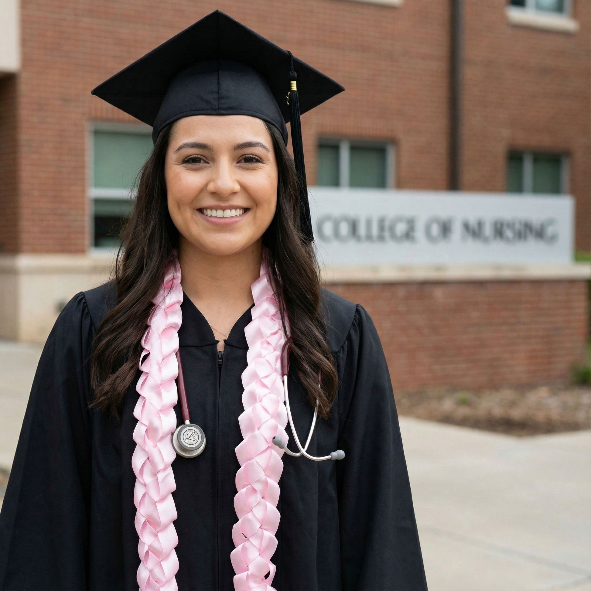 Smiling female nursing graduate in a black gown with a stethoscope visible, wearing a handcrafted solid light pink single military braid satin ribbon lei outside a College of Nursing building.