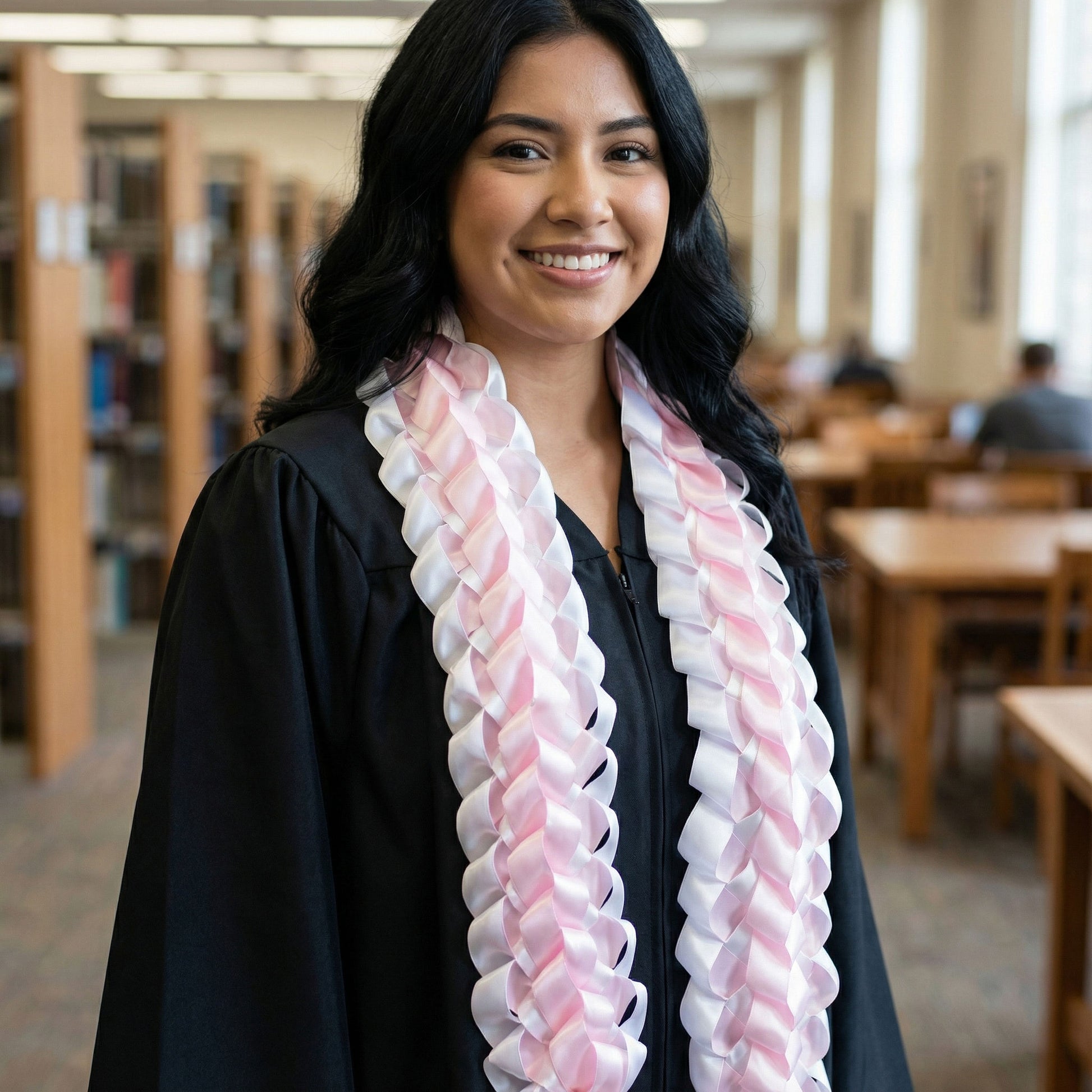 Close-up of female graduate in a black gown wearing a wide light pink and white double military braid satin ribbon lei.