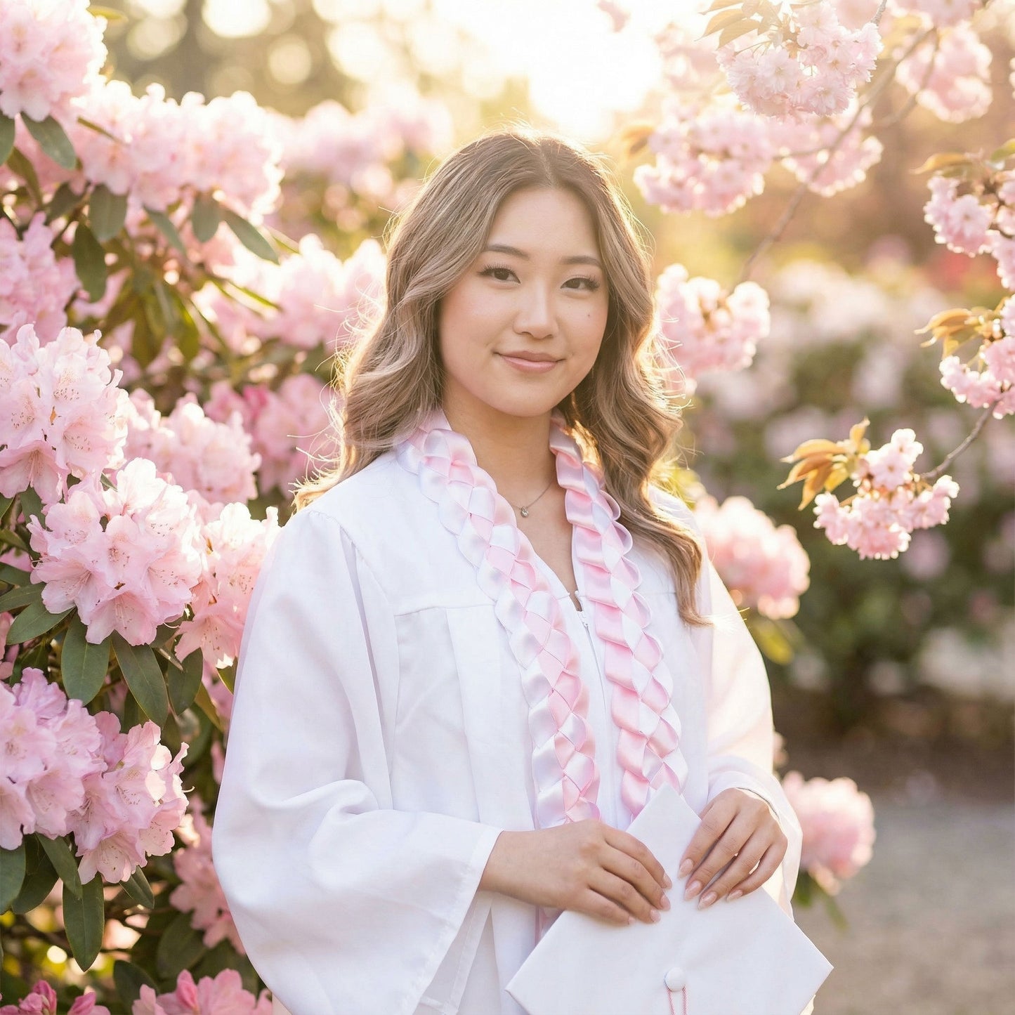Smiling female graduate in a white gown and cap standing in a spring garden setting, wearing a handcrafted light pink and white single military braid satin ribbon lei.
