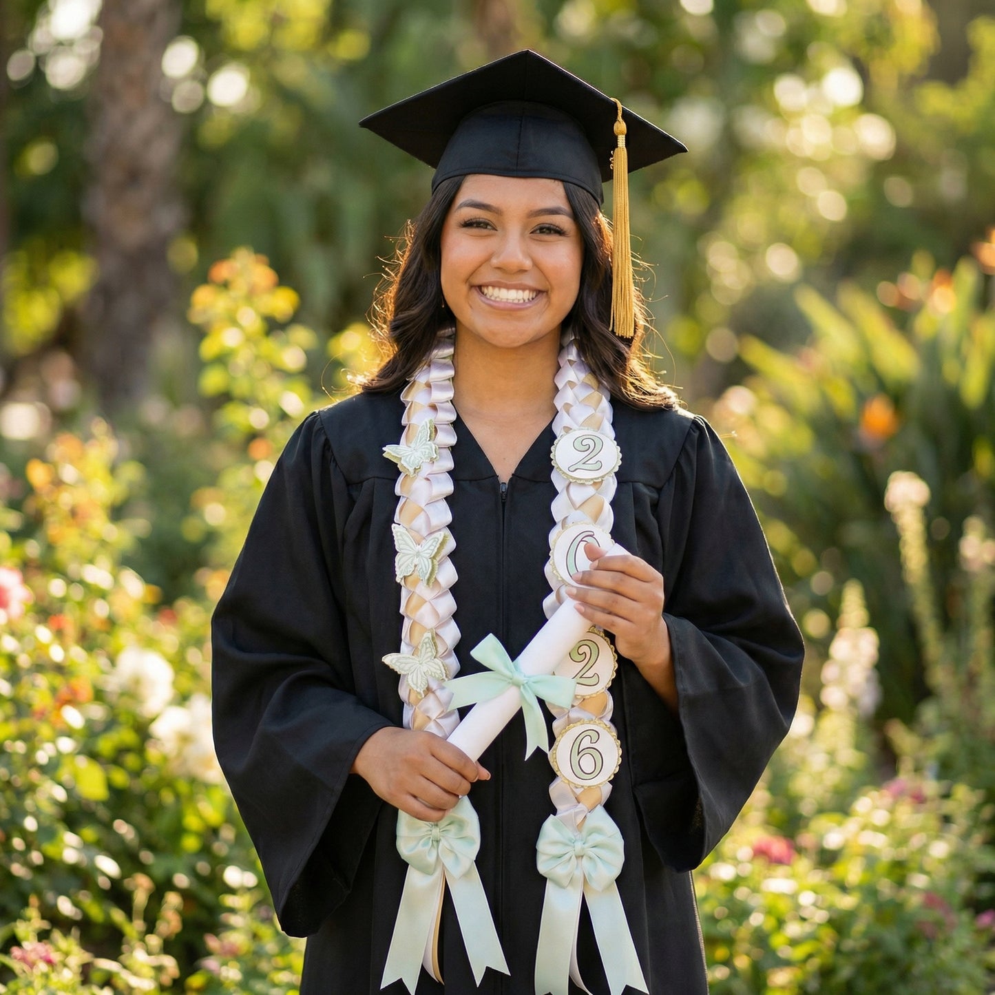 A happy graduate in a black graduation gown and cap holding a diploma, adorned with a custom mint green and gold butterfly lei featuring "2026" commemorative charms and large satin bows.