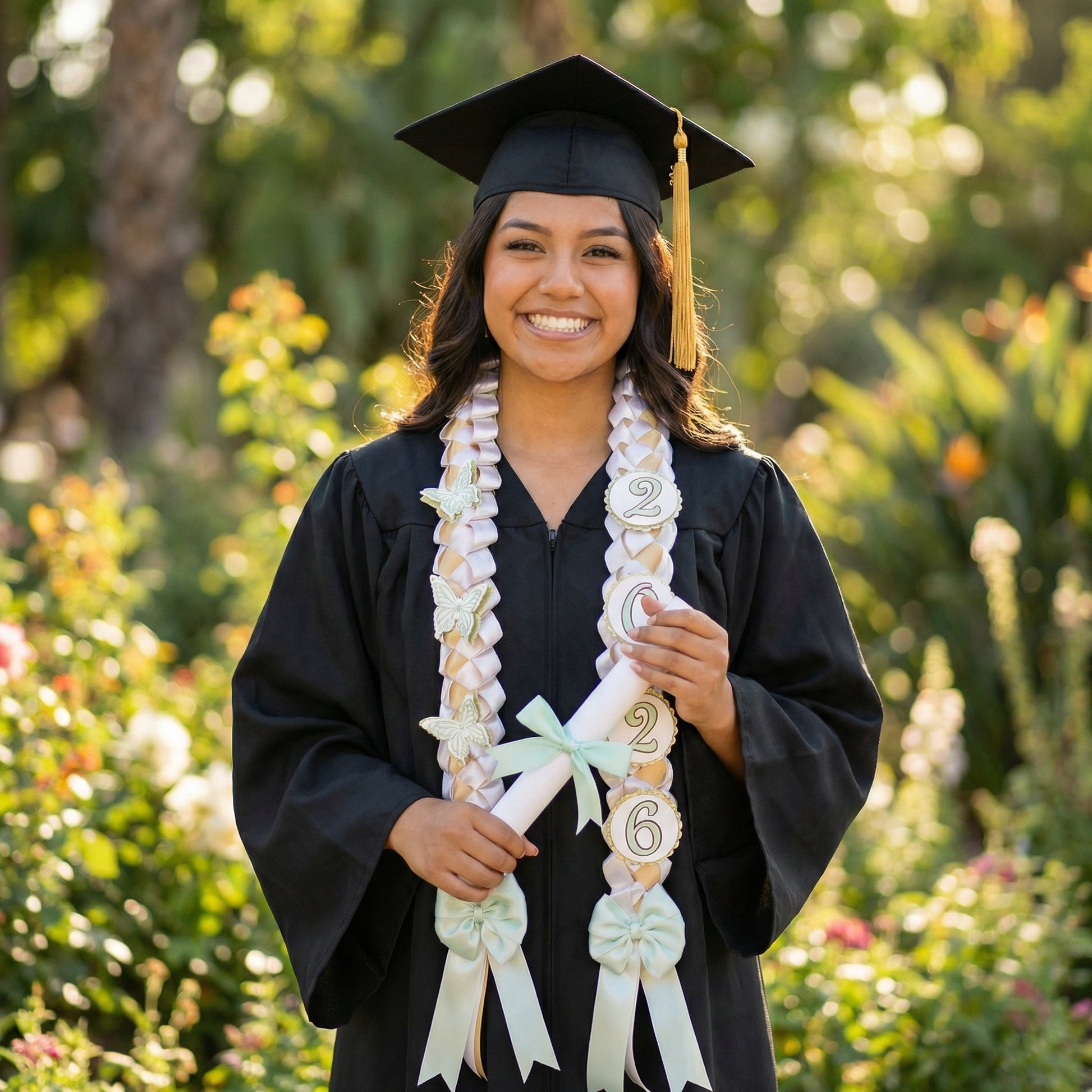 A happy graduate in a black graduation gown and cap holding a diploma, adorned with a custom mint green and gold butterfly lei featuring "2026" commemorative charms and large satin bows.