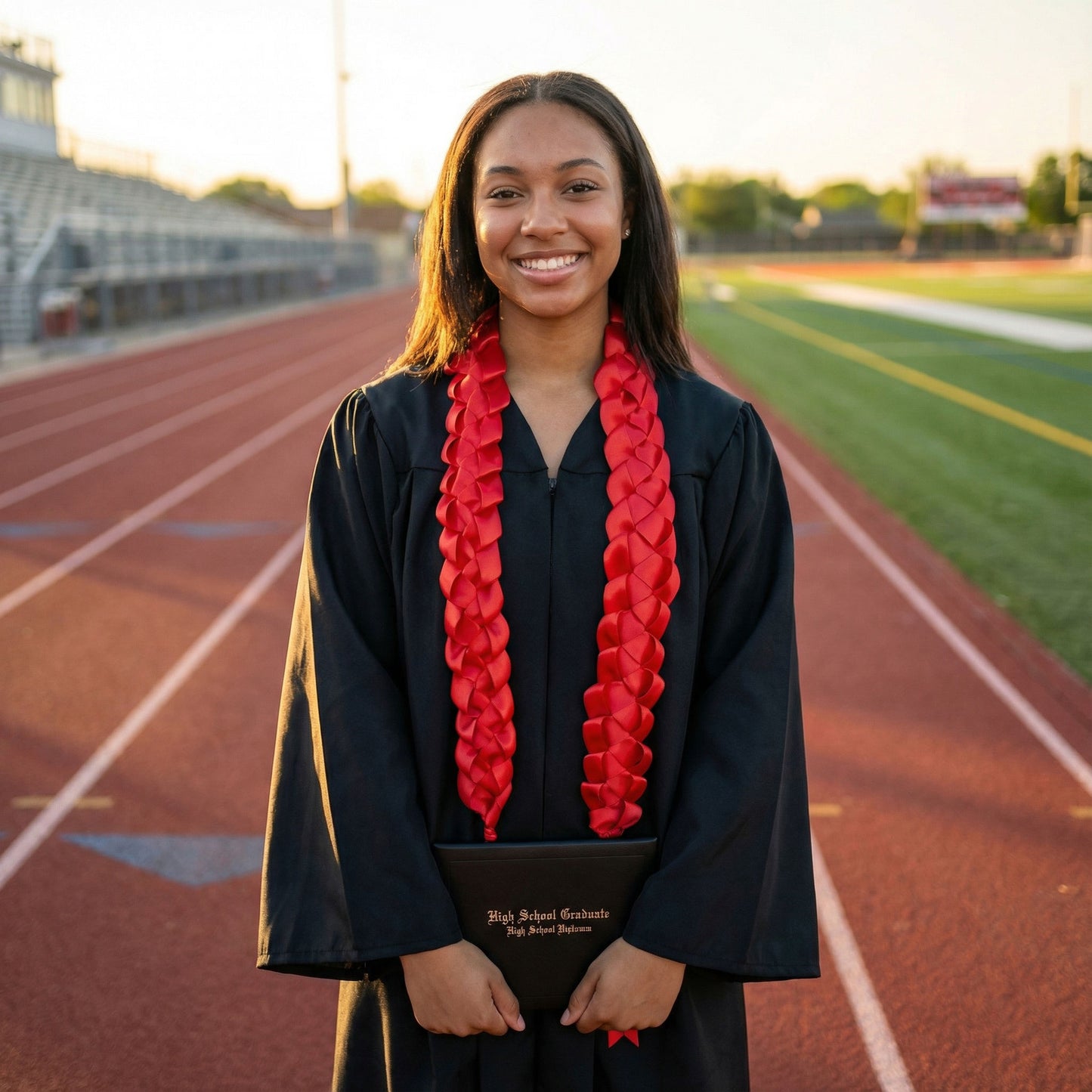 Smiling female high school graduate standing on a track field in a black gown, wearing a handcrafted solid red single military braid satin ribbon lei.