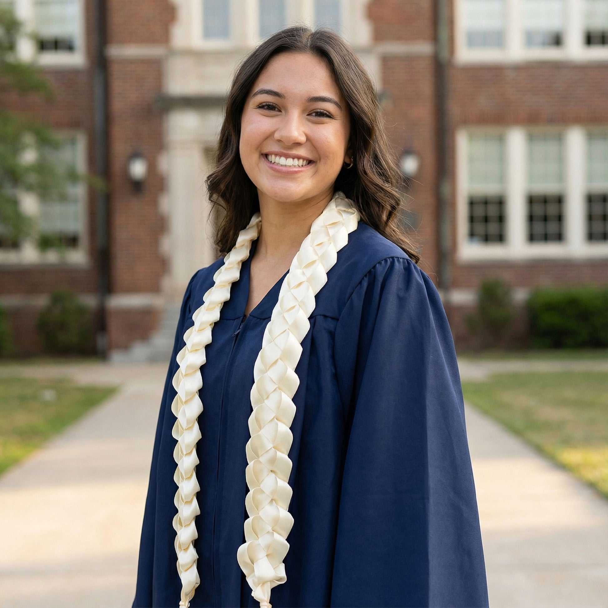 Female graduate smiling in front of a brick university building, wearing a dark gown and a classic solid ivory satin single military braid graduation lei.