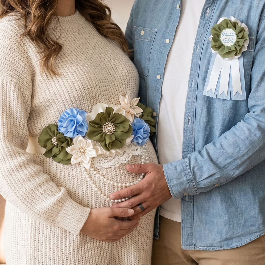 Expecting couple wearing a hunter green, blue, and ivory maternity flower sash and matching Daddy-to-Be ribbon pin.
