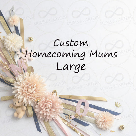 Custom Large Homecoming Mum featuring cream chrysanthemums, navy and champagne ribbons, a small teddy bear, and pink glitter letters.