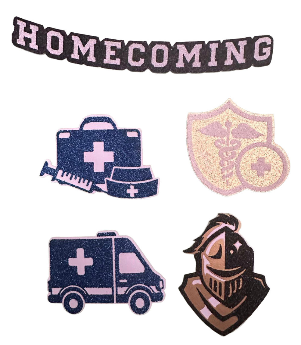 Set of homecoming-themed patches including a first aid kit, ambulance, and knight helmet on a white background.