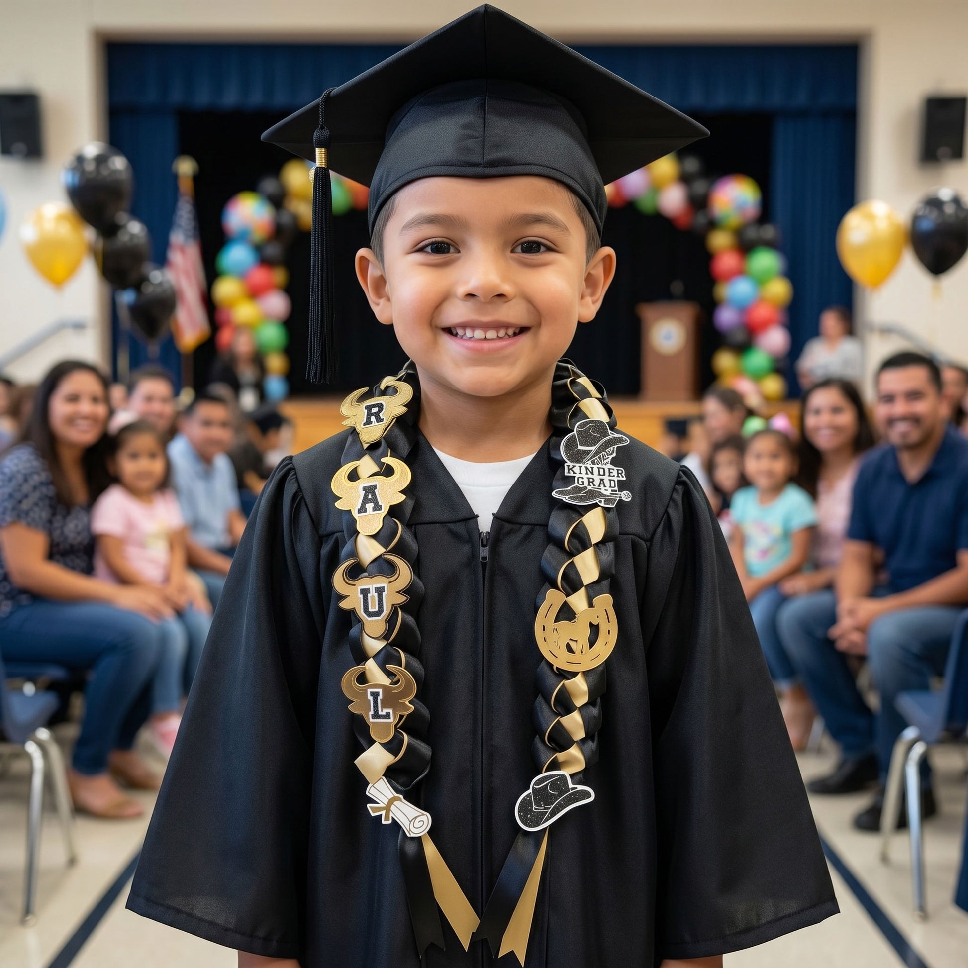 A 5-year-old boy smiling in a black graduation gown and cap, wearing a custom handcrafted black and gold western-themed satin ribbon graduation lei for kindergarten.