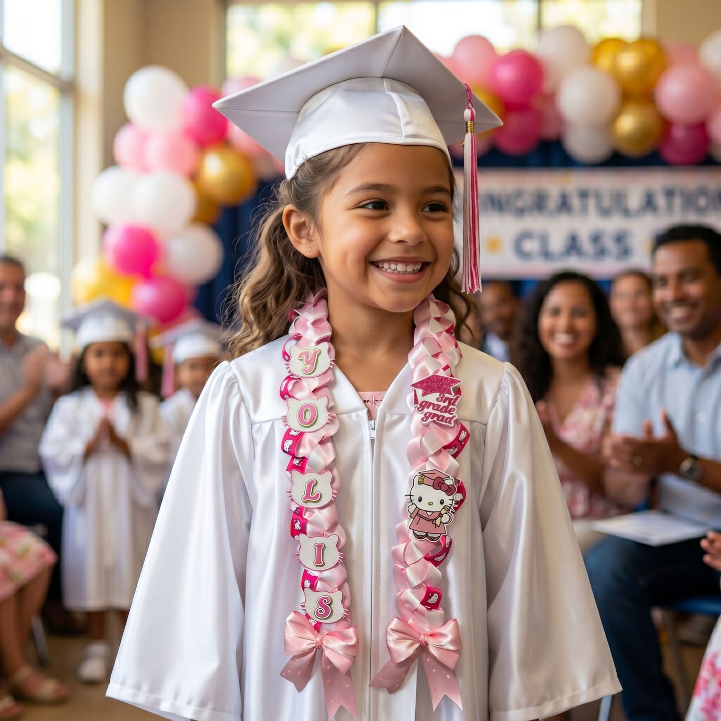 An 8-year-old girl smiling in a white graduation gown and cap, wearing a custom handcrafted pink and white satin ribbon graduation lei for elementary school.