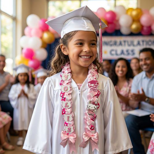 An 8-year-old girl smiling in a white graduation gown and cap, wearing a custom handcrafted pink and white satin ribbon graduation lei for elementary school.