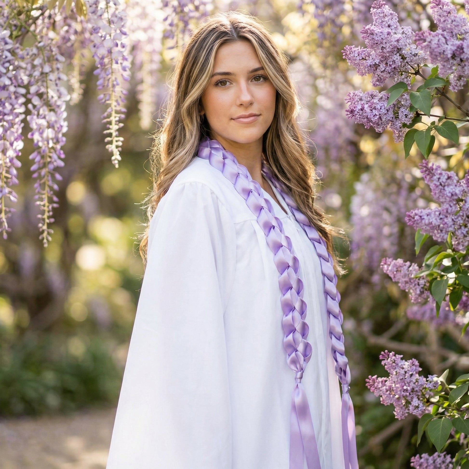 Female graduate wearing a white graduation gown and a solid lavender single military braid satin ribbon lei, standing amongst purple spring flowers.