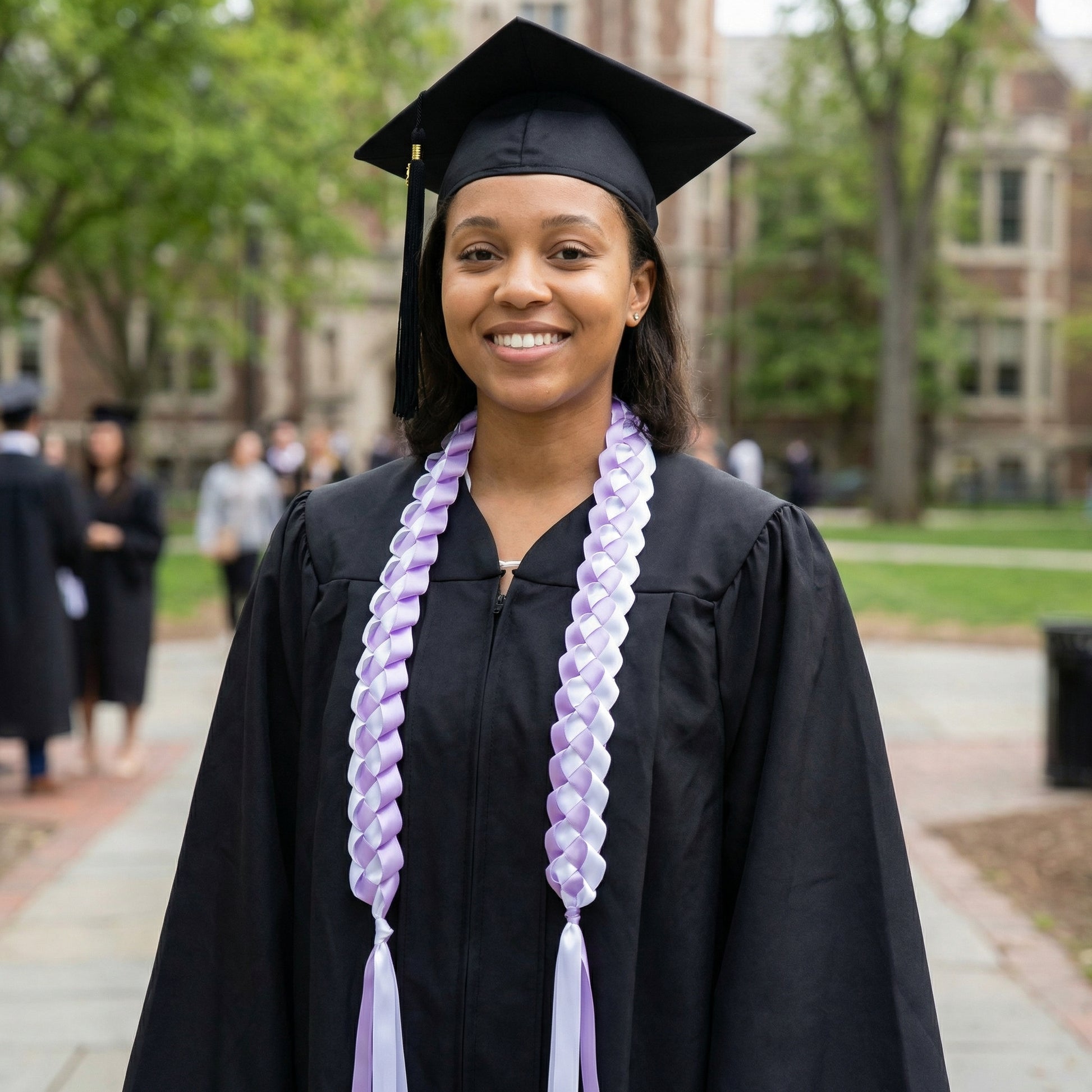 Smiling female graduate posing on campus in a black cap and gown, wearing a handcrafted lavender and white single military braid satin ribbon lei.