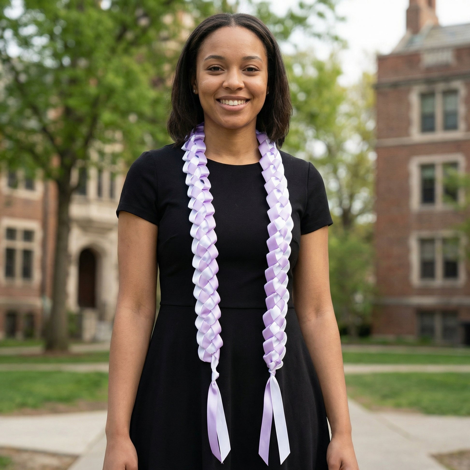 Smiling female graduate walking outdoors in a black dress, wearing a handcrafted lavender and white single military braid satin ribbon lei.