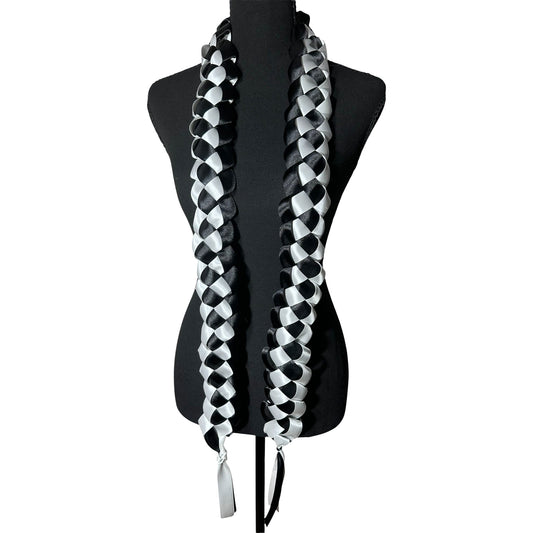 Black and white braided satin ribbon graduation lei on mannequin, single military braid style.