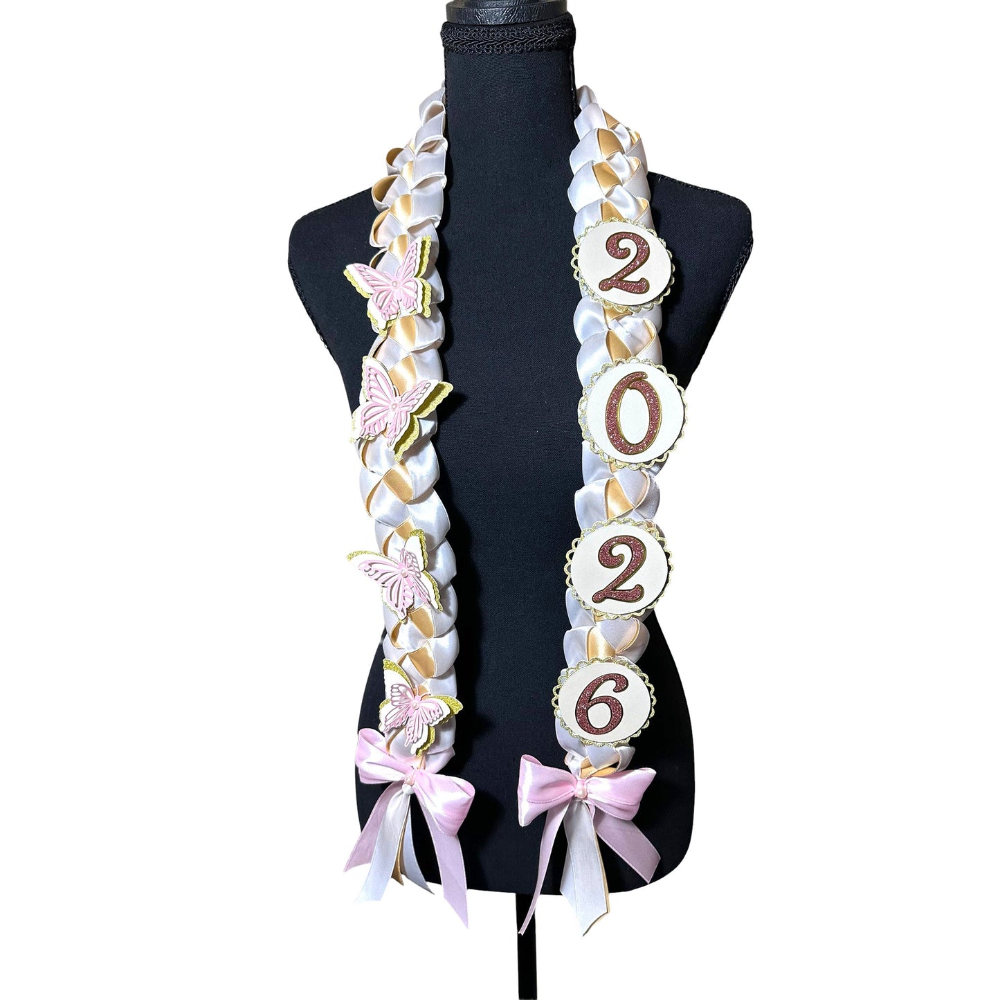 2026 White & Gold "Butterfly" Graduation Lei | Pink Accent Keepsake