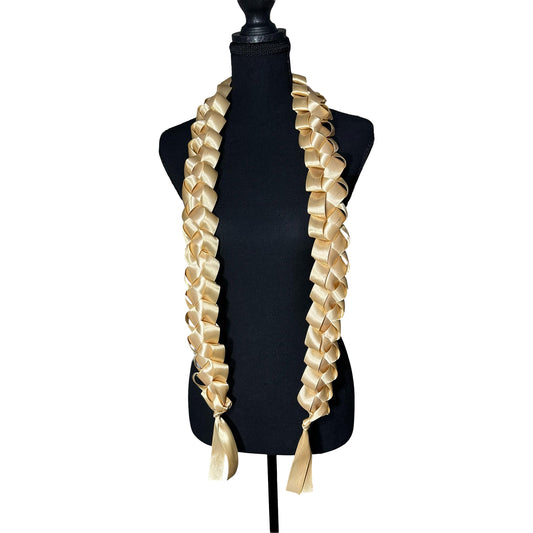 Solid gold satin ribbon graduation lei with single military braid texture on mannequin.