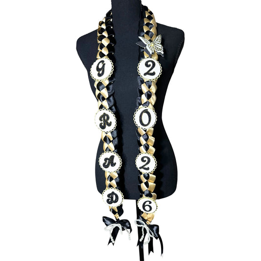 2026 Black & Gold Satin Graduation Lei | Handcrafted Senior Keepsake