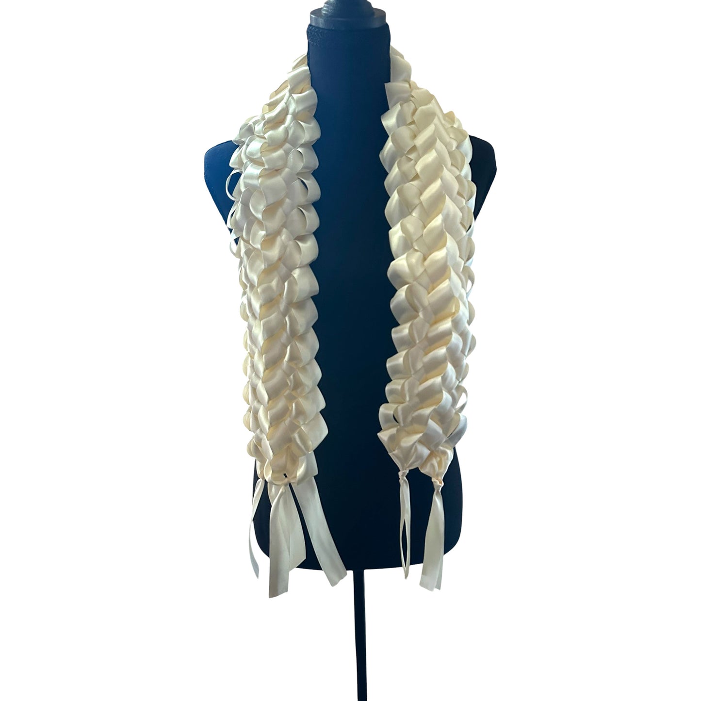 Wide solid ivory satin ribbon graduation lei with double military braid texture displayed on mannequin.