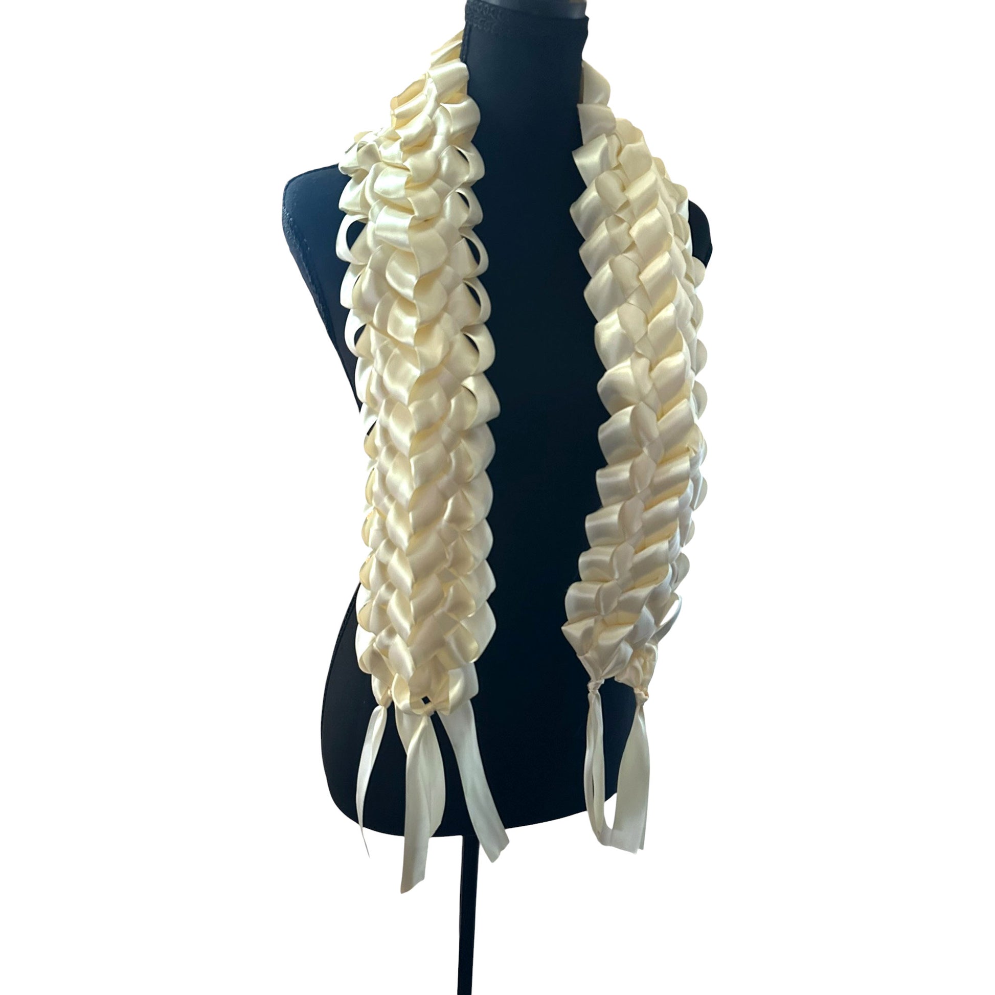 Wide solid ivory satin ribbon graduation lei with double military braid texture displayed on mannequin.